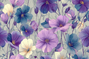 Obraz premium Seamless vector pattern with many abstract spring flowers. For wallpaper or fabric decoration in vintage style. Flower painting for summer. Botanical background