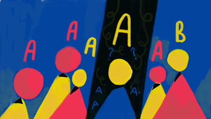 Aesthetic group of abstract people say letter, art with expressionism. The Asch Conformity Study, 1951 acrylic painting, stimulating color. Expressionism for print, wall art and event