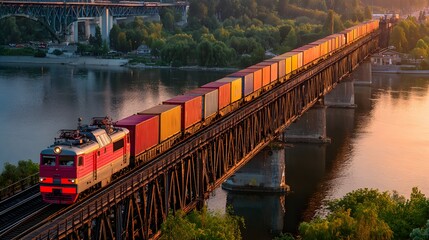 Fototapeta premium Modern train carrying cargo containers across bridge