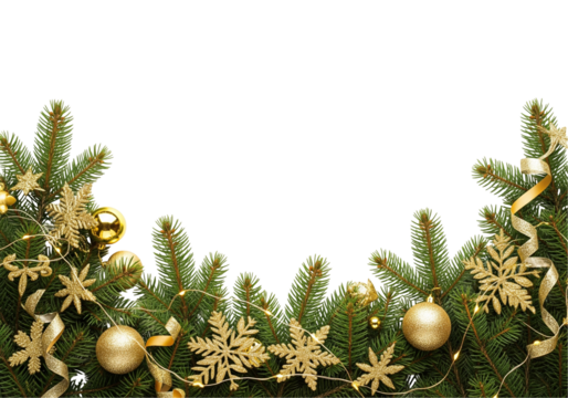 Christmas Evergreen Branch with Gold Ornaments and Ribbon