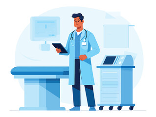 Professional Male Doctor Standing in Modern Medical Examination Room, Ready for Patient Consultation with Healthcare Equipment. Flat Vector Illustration of Clinic Visit.