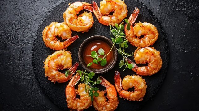 Tempura shrimp golden brown crispy circular presentation slate plate top view battered seafood microgreens ceramic sauce bowl premium restaurant plating style