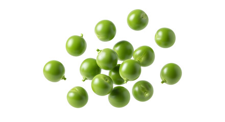 A top-down view of a small pile of fresh, vibrant green peas scattered on a clean white background, highlighting their smooth texture and round shape.