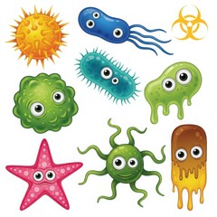 Obraz premium Collection of cute cartoon bacteria and viruses with googly eyes