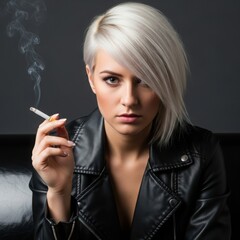 Obraz premium Blonde woman in leather jacket smoking a cigarette