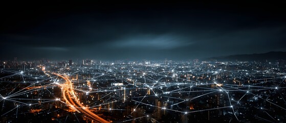 Smart city at night illuminated with AI powered data network lights