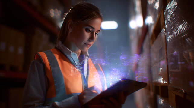 Young woman working on tablet while inspecting warehouse inventory