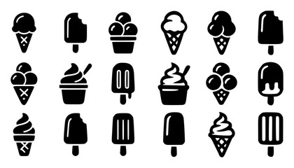 Black and white vector icons of ice cream cones, popsicles, and dessert cups in clean line style. Monochrome ice cream and popsicle icons ideal for food branding, summer themes, and UI design.