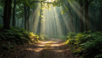 Obraz premium Sunbeams stream through rich green trees onto winding forest path. Verdant ferns line trail, creating serene, peaceful atmosphere for summer travel. Experience nature tranquility on sunny day hike.