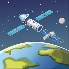 Obraz premium Space Station Orbiting Earth, Illustration, Outer Space Environment, Angled View Concept
