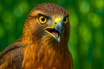 Obraz premium Close Up of Hawk with Sharp Eyes in Natural Green Forest Background