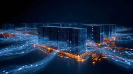 Futuristic data center glowing with AI energy streams