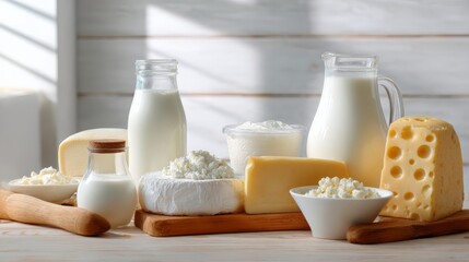An assortment of dairy products including milk in glass bottles, cheddar cheese slices, cottage cheese with blue mold,
