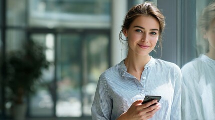 Young business professional standing indoors with natural light, smiling while checking her smartphone
