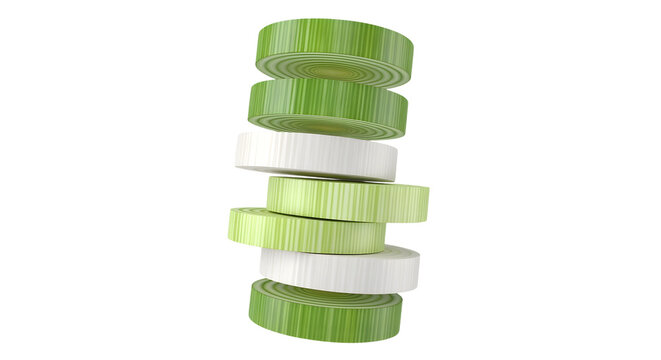 Thick, circular slices of a leek, showing the green and white layers, levitating in a neat stack. The rings are perfectly separated. Photorealistic  on a transparent background.
