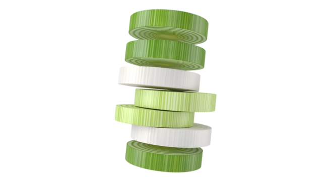 Thick, circular slices of a leek, showing the green and white layers, levitating in a neat stack. The rings are perfectly separated. Photorealistic  on a transparent background.