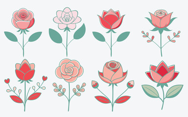 Collection of cute rose flower vector illustrations isolated on white background