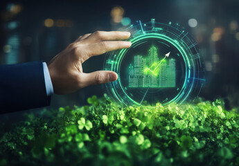 Businessman s hand touching a glowing green digital chart representing sustainable growth
