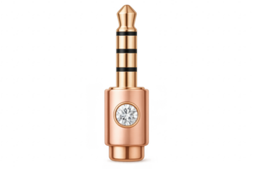 Rose gold audio jack plug with diamond on transparent background