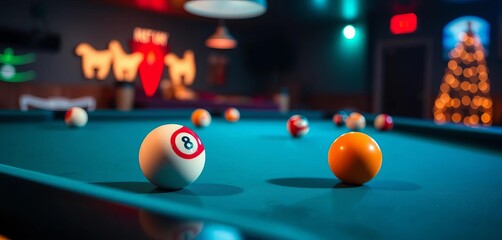 Cue ball on dark pool table, game night ambiance,  stripes,  spotlight