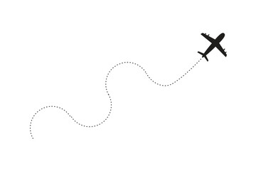 Airplane line path vector icon of air plane flight route with start point and dash dotted line trace. Love travel route. Airplane routes. Travel vector icon.