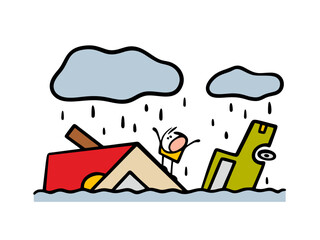 Unfortunate cartoon stickman screams, calling for help. got into trouble. Vector illustration of a man drowning in a flood. it's raining. House and car in the water.