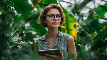 Young woman using a digital tablet while observing large tropical plants inside a greenhouse environment
