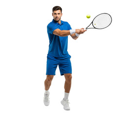 Tennis Player in Blue Outfit Performing Forehand Stroke