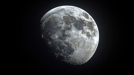 Moon against blue sky: grayish-white round shape in high resolution, capturing details on both sides, unobstructed distant real shot, showcasing nature's beauty
