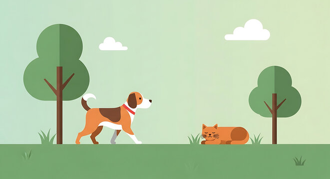 Playful encounter of a dog in a flat design environment with a sleeping cat near trees - Powered by Adobe