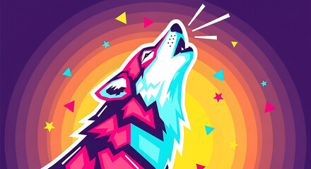 Colorful artistic illustration of a howling wolf against a vibrant background image