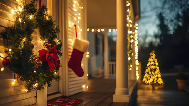Christmas decorations on a front porch with wreaths, stockings, and lights