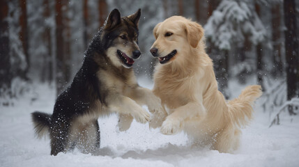 dogs pets animals snow winter nature playful happiness goldenretriever husky outdoor fun friendship adventure joy running forest barking paws 