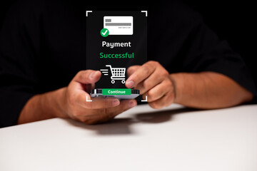 A person holding a smartphone displays a digital payment notification, indicating a successful transaction with a shopping cart icon.