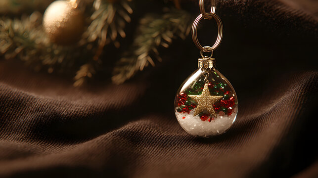 Close-up of a snow globe Christmas ornament with miniature tree and red star, set against festive background