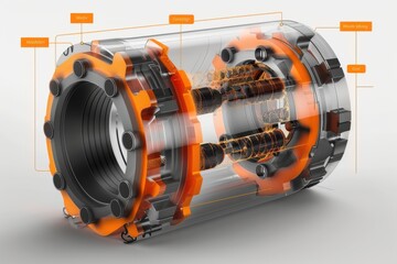 Transparent industrial device cross-section revealing internal carbon composite material layered structure detail. Technical lighting accentuates components with attached informational text.