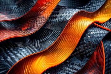 Dynamic carbon composite cross-section detail. Layered structure with vibrant orange-red accents and glossy carbon weave highlighted by technical industrial lighting.