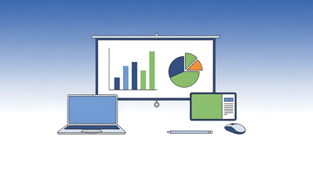 Business presentation with charts and diagrams on a screen using technology devices showing