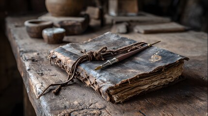 An antique leather-bound book, adorned with aged bindings and twine, rests on a weathered wooden table, alongside a vintage quill pen, evoking a sense of history and craftsmanship.