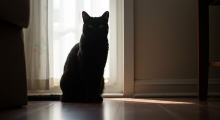 A cat sitting by a bright window, soft shadows, minimalist silhouette effect