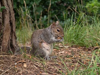 Fototapeta premium Eastern Gray Squirrel Eating a Nut in a Forest Setting with Green Grass