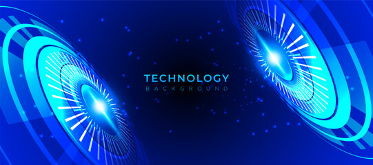 Futuristic vector background with blue ring light effects, space, sky, and satellites. Modern digital technology concept wallpaper in horizontal design