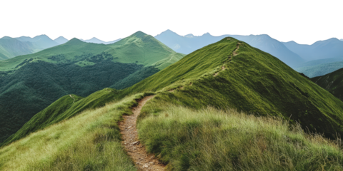 A narrow hiking trail follows a grassy mountain ridge with rolling hills beyond isolated on transparent background
