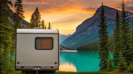 RV camper trailer parked near turquoise lake at golden sunset, surrounded by pine trees, with majestic snowcapped mountains reflecting in serene water background