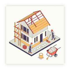 Isolated construction site with workers cartoon drawing, building house, art, construction house, construction site,