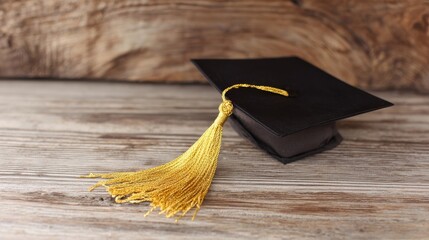 A black graduation cap with a golden tassel rests on a wooden table,