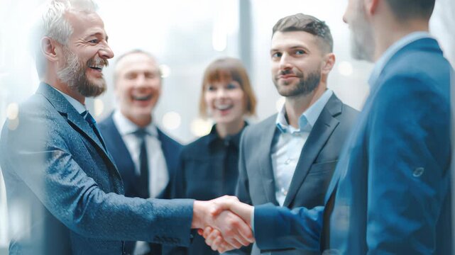 Diverse Group of Business Professionals Engaging in Handshake in Modern Office Setting