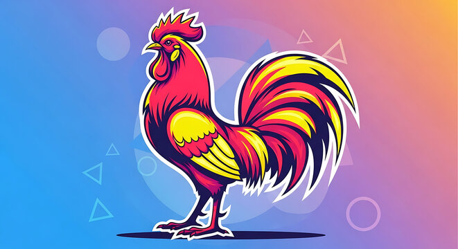 Vibrant stylized rooster illustration with modern graphic element background - Powered by Adobe