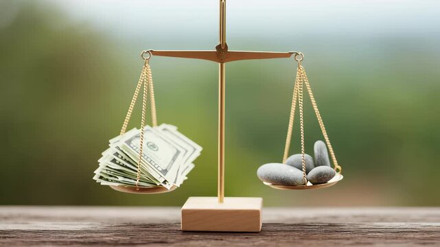 Conceptual Balance of Money and Stones Representing Wealth and Stability in Nature Settings