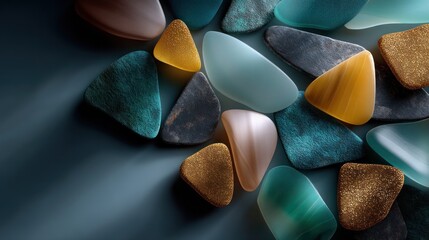 Abstract arrangement of various colored, triangular stones on a dark teal background